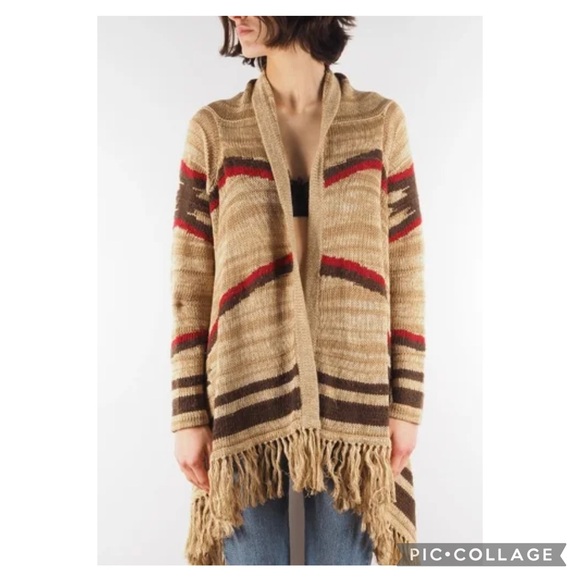 Ralph Lauren Ortega Southwestern Camel Muti Linen Blend Fringe Cardigan Size S/M - Picture 1 of 16
